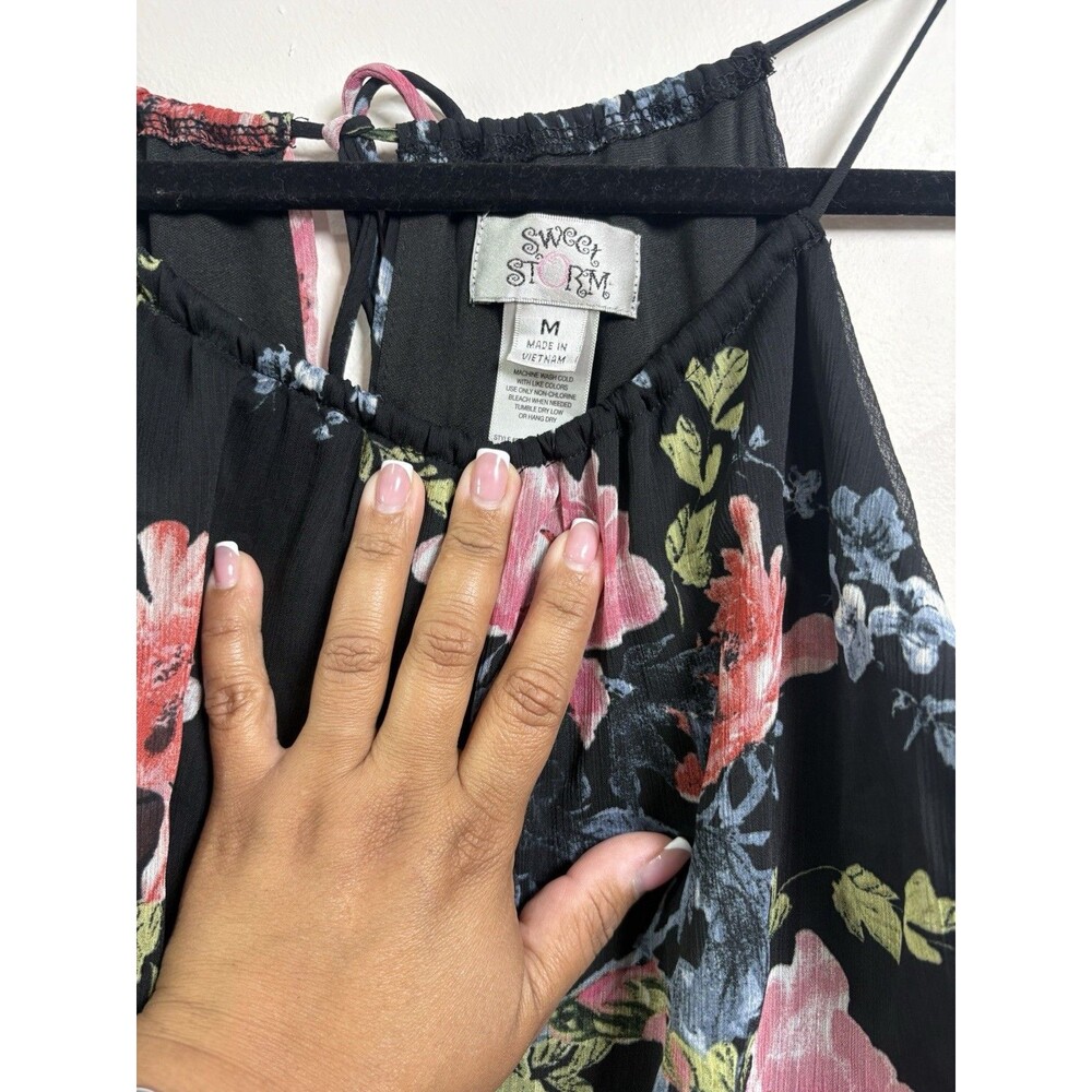 Sweet Storm Women’s Maxi Dress M Black Floral V-Neck Sleeveless Chiffon